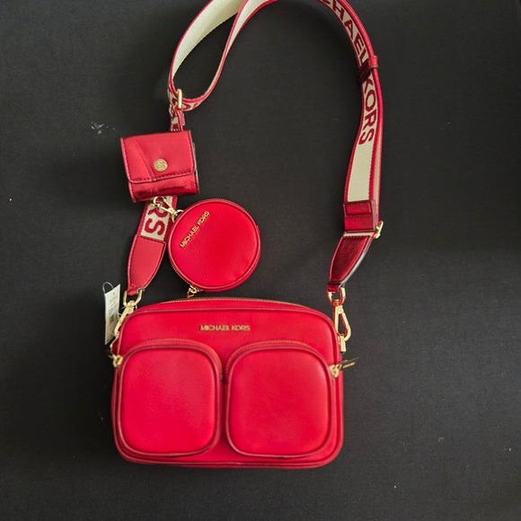 Michael Kors Handbags - Michael Kors Jet Set Bright Red Leather Medium Pocket Crossbody Bag 35H3GTTC2L